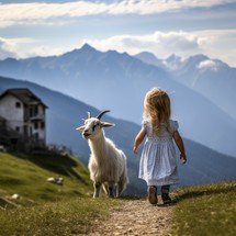 Little girl with goat on a mountain meadow in Dolomites, Italy