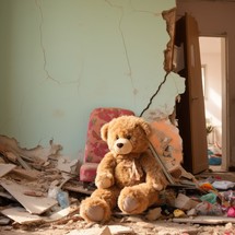 Destroyed room after an earthquake. A large teddy bear sits in the center amidst debris and broken concrete. The door is torn off