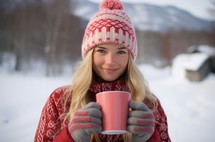A smiling 17-year-old Norwegian girl in winter attire, with snow all around. She wears a red wool hat and mittens and holds a cup of hot cocoa in her hands. Her cheeks are slightly pink from the cold, and she enjoys the serene morning