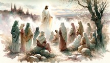 Jesus Christ appears to a group of Women. Life of Christ. Watercolor Biblical Illustration