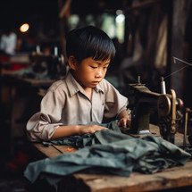 A close-up portrait of a 7-year-old Vietnamese boy sewing clothes in a factory, highlighting the reality of child labor