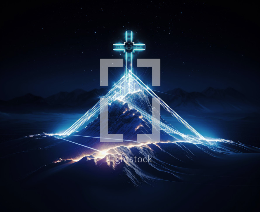 Cross on top of mountain with glowing rays on dark background. Religion concept