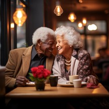An elderly couple savoring each other's company in a cozy cafe, exemplifying the enduring beauty of love and companionship
