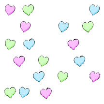 green, blue, and purple hearts on white 