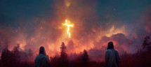 Two disciples look up and see a glowing cross in the smoke.