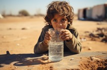 A thirsty Middle Eastern child, dressed in dirty clothes, takes a sip of water
