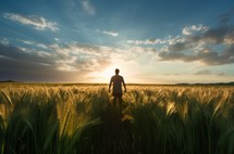 A man standing in a wheat field at sunset, viewed from behind
