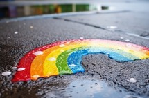 Rainbow sketched on wet city asphalt after rainfall, close-up view of the rainbow