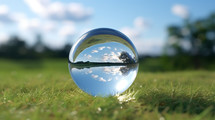 Small glass orb in the grass with blue sky. 