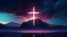 Cross on the mountain at night. 3d rendering.