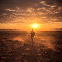 Man traveler walks through the desert, moving away from the camera towards the sun, journeying within himself