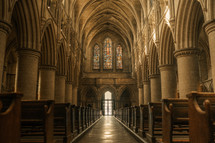 Norwich Catholic Cathedral hall with stained glass windows, beautiful architecture in a historic building
