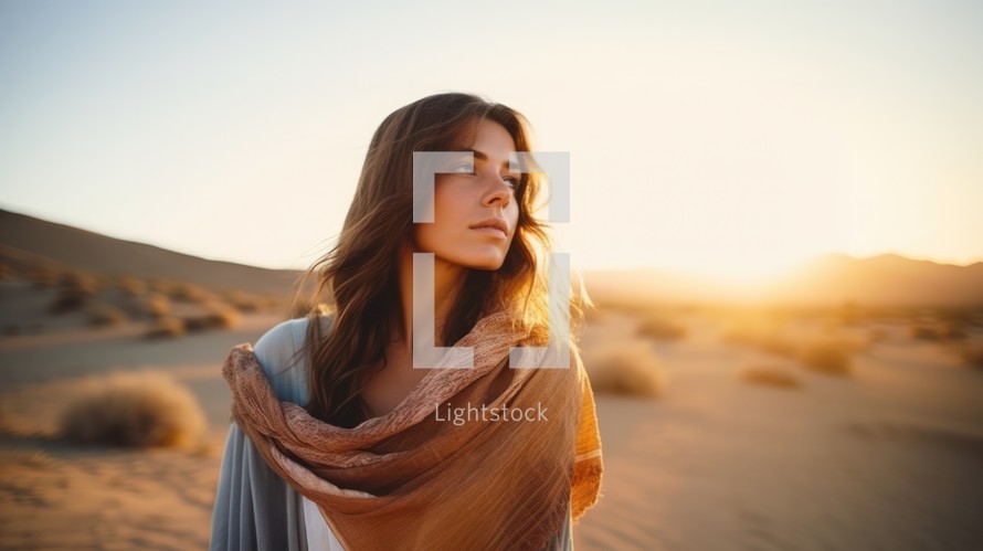 Beautiful woman looking up in a desert at sunset