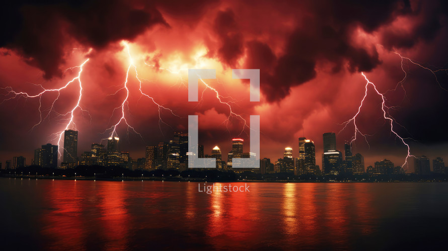 Wrath of God. Red stormy sky with lightnings over a city skyline 