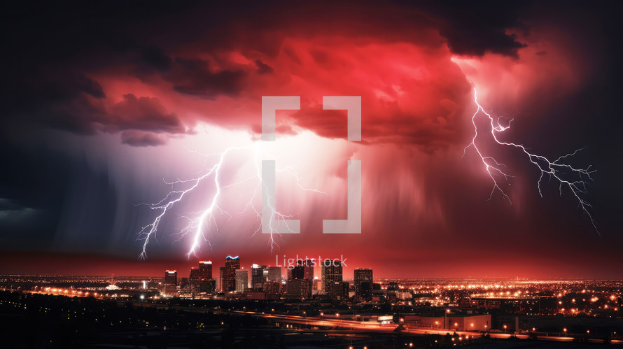 Wrath of God. Red and blue stormy sky with lightnings over a city skyline 