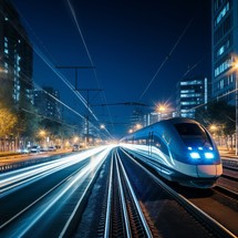 Modern high-speed train with motion blur in the city at night