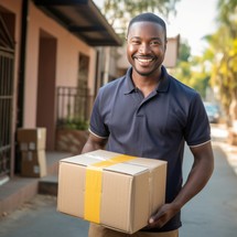 Portrait of happy african american delivery man holding box outdoors