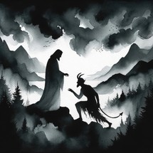 Jesus tempted by the the devil in the forest. Watercolor illustration.