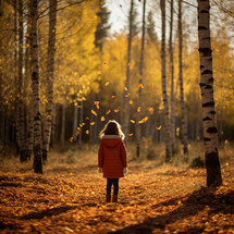 Girl in autumn forest, looking at falling birch leaves from behind