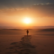 Solitary man walking away from the camera towards the setting sun in the desert. Searching for himself, truth, and meaning. Themes of loneliness, philosophy, religion, and Christianity