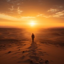 Solitary man walking on a sand dune in the desert, with the sun rising in the distance, symbolizing the search for one's path in life