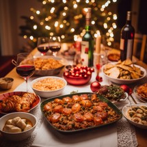 Christmas table with a variety of appetizers, wine, a Christmas tree with lights in the background, a pile of food, and no people. Typical Spanish Christmas table