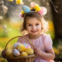 Smiling 5-year-old girl looks into the camera, holding a basket with colorful Easter eggs