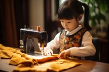 A close-up portrait of a 6-year-old girl from Taiwan sewing clothes with a needle and thread