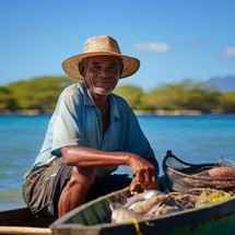 Fisherman on his boat in the lagoon of the seychelles