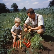 Father and son harvesting vegetables in the garden. Happy family on a farm.