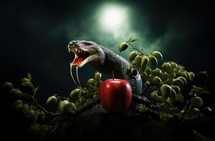 The original sin, the forbidden fruit. Snake and apple on tree branch. 