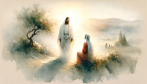 Jesus Christ appears to Mary Magdalene. Life of Christ. Watercolor Biblical Illustration