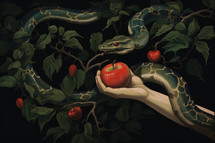 The original sin, the forbidden fruit. Hand holding the apple and the snake on a tree branch. Artwork