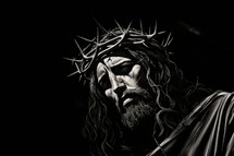 Jesus Christ with crown of thorns on dark background, black and white