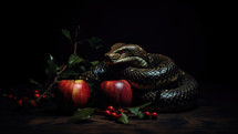 The original sin, the forbidden fruit. Snake and red apples on wooden table on black background