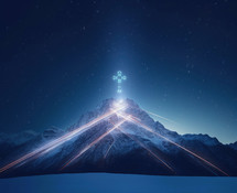 Mountain landscape with blue sky and glowing cross. 
