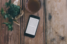 scripture from a Bible app on a cellphone, house plant, and coffee 