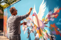 Street artist creates graffiti on a wall, depicting a dove of peace
