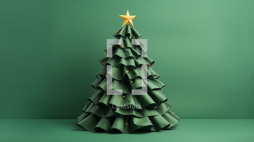 Green fabric tree with gold star on green background. 