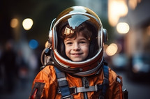 An 8-year-old boy dressed in an astronaut costume