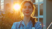 A professional woman wearing a stethoscope is standing in front of a building, likely a healthcare facility or hospital. She appears confident and ready to provide medical assistance.