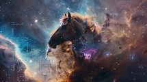 A horse standing in the middle of a vast space filled with twinkling stars, creating a surreal and otherworldly scene.