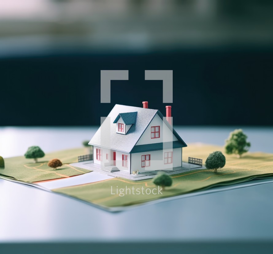 Miniature house on the map. Selective focus.