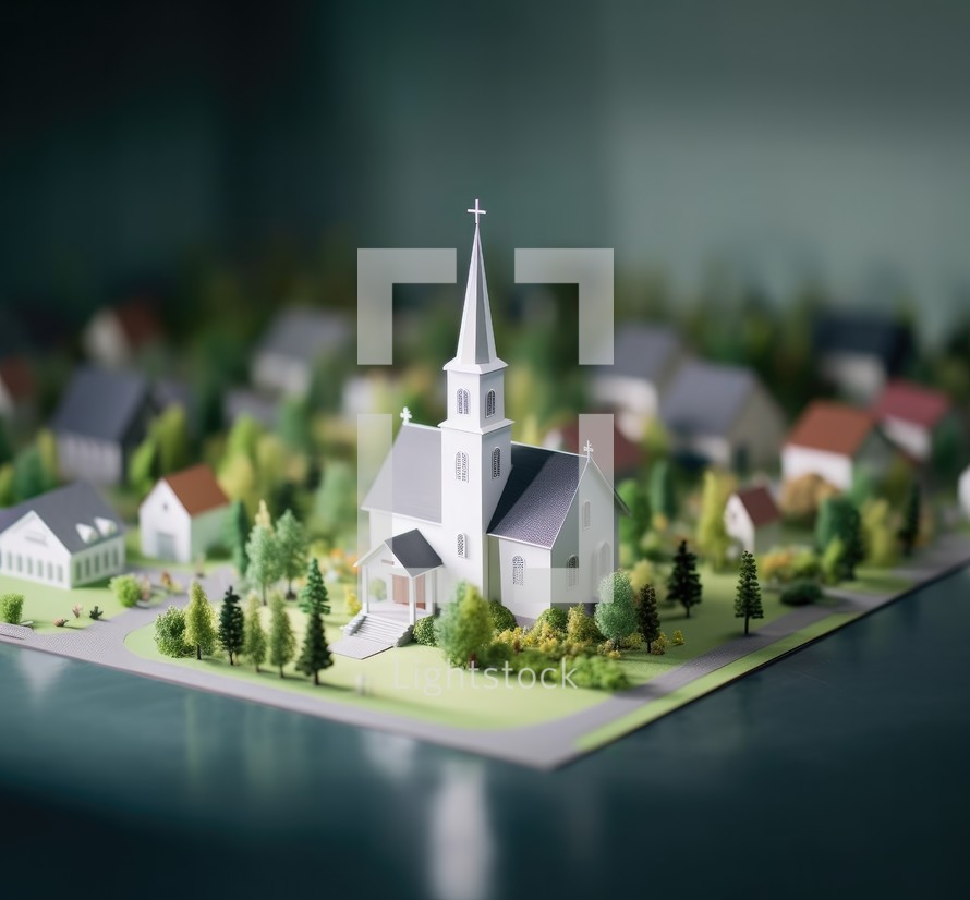 Miniature city with church and trees. 3D rendering. Selective focus.
