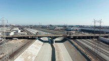 Los Angeles River. Los Angeles, California, USA. Bridges span the shallow Los Angeles River. Aerial view Los Angeles River.