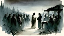 Judas Agrees to Betray Christ. Passion Wednesday. Watercolor Biblical Illustration