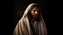 Realistic portrait of Jesus Christ on dark background