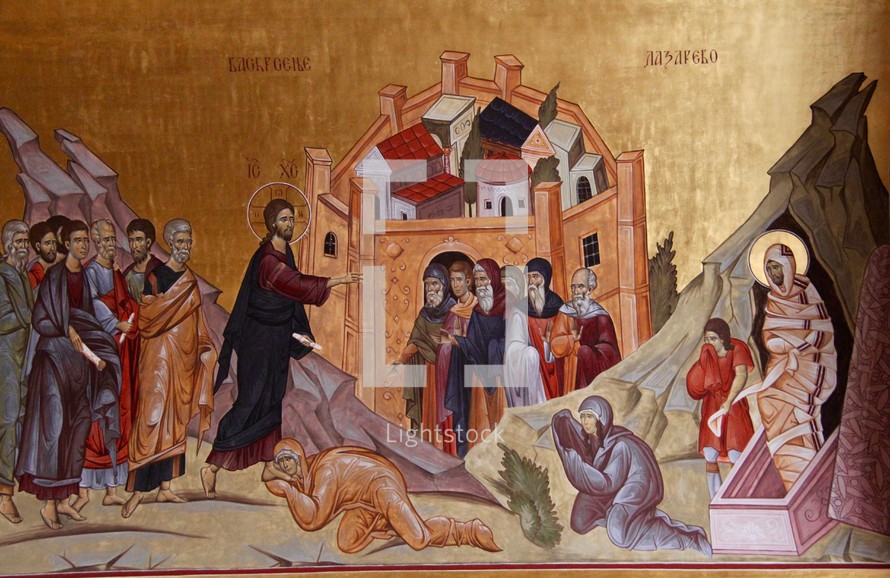 Painting of Jesus, raising Lazarus from the dead. Podgorica Orthodox Cathedral, Montenegro.
