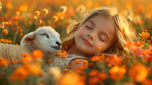 Cute little girl with a lamb in a field of flowers.