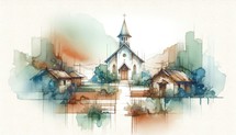 Watercolor painting of an old wooden church in an Asian village